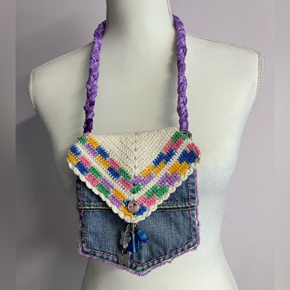Handmade Upcycled Denim Crossbody Purse, Faded Blue Denim, Bling, Woven Strap - Picture 2 of 7